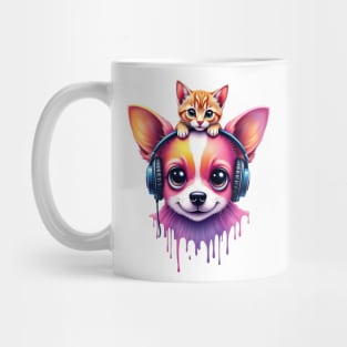Cute dog with headphones and a cute cat on his head for both cat and dog lovers Mug